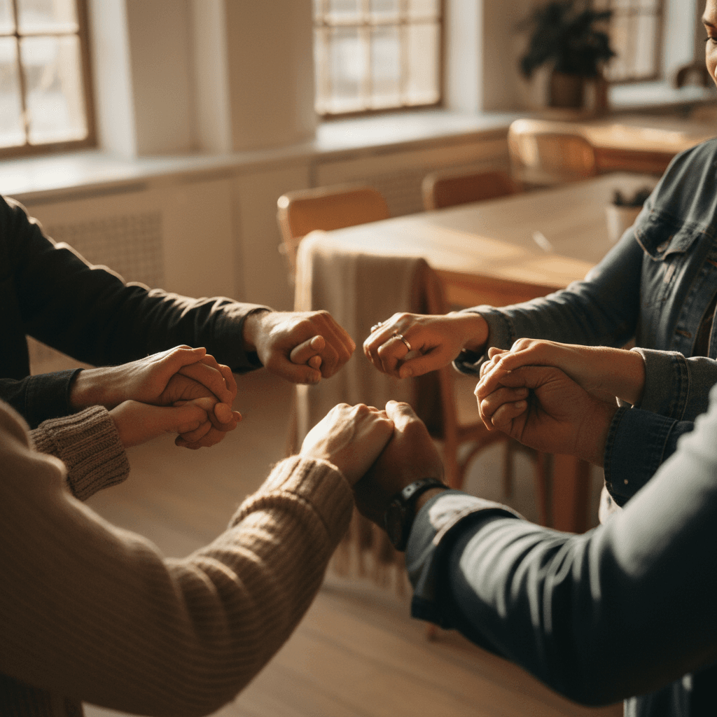 Diverse community hands together in circle